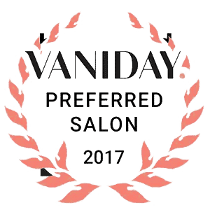 Elegant salon award badge with laurel wreath and VANIDAY Preferred Salon 2017 text.